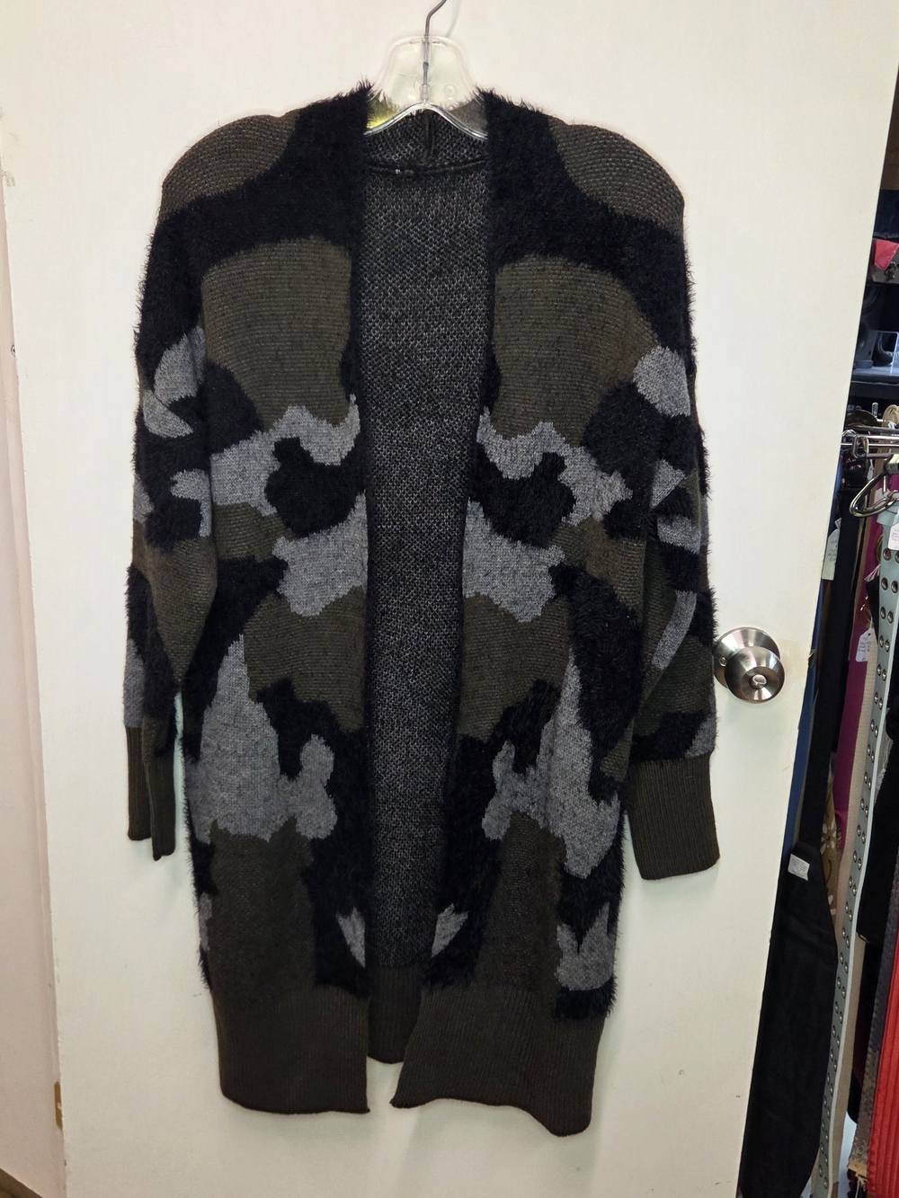 DEX Camo Fuzzy Open Front Longline Cardigan Sweater Large